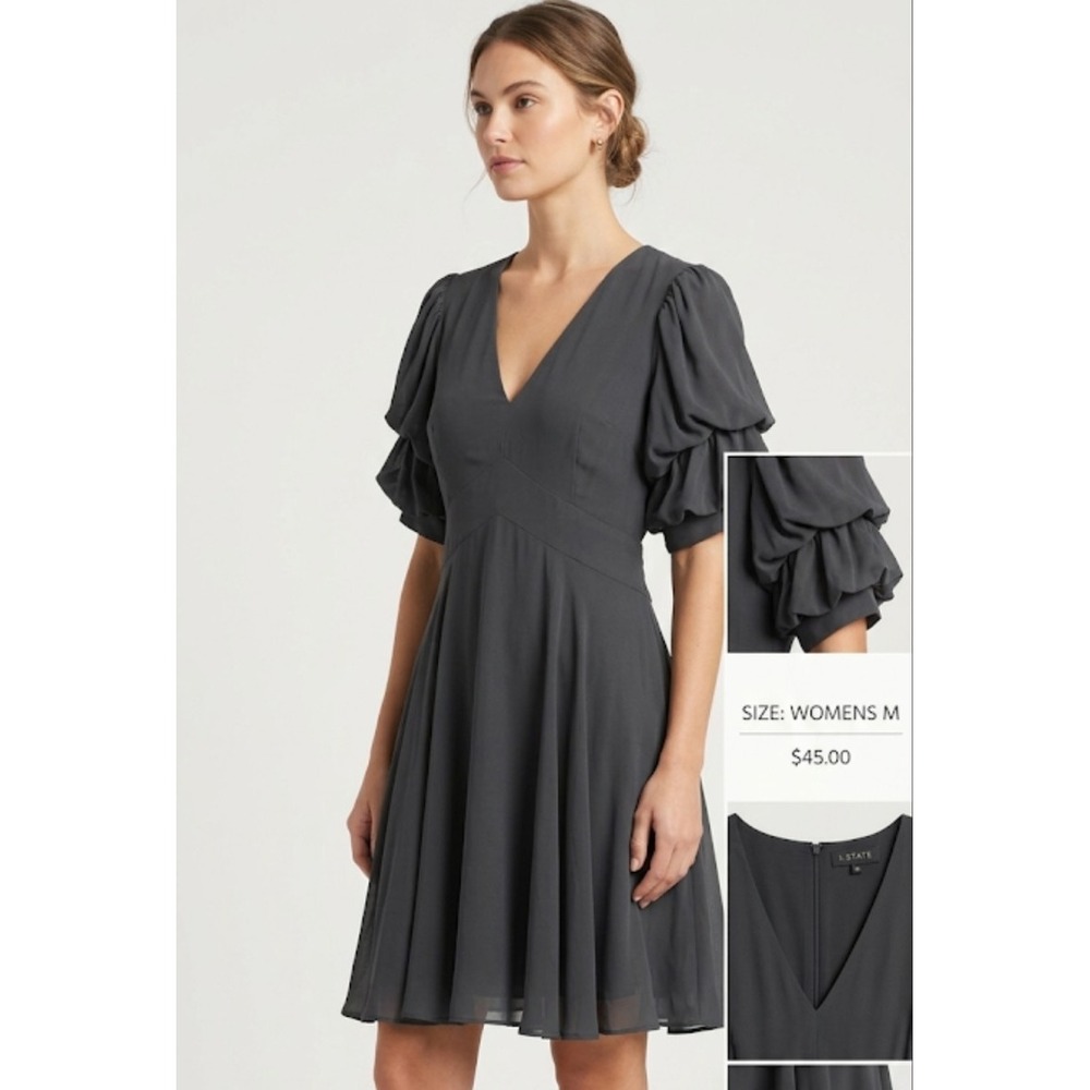 1. STATE Dress Womens M black Knee Length Fit & Flare Puff Sleeve Chiffon India